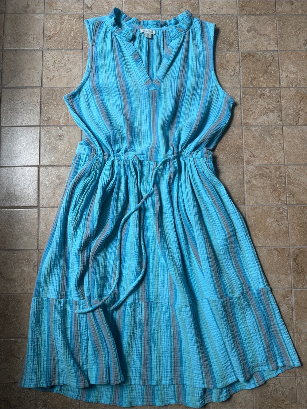 Sundance Adley Dress Cotton Crinkle Gauze Turquoise Pockets Drawstring Waist Med